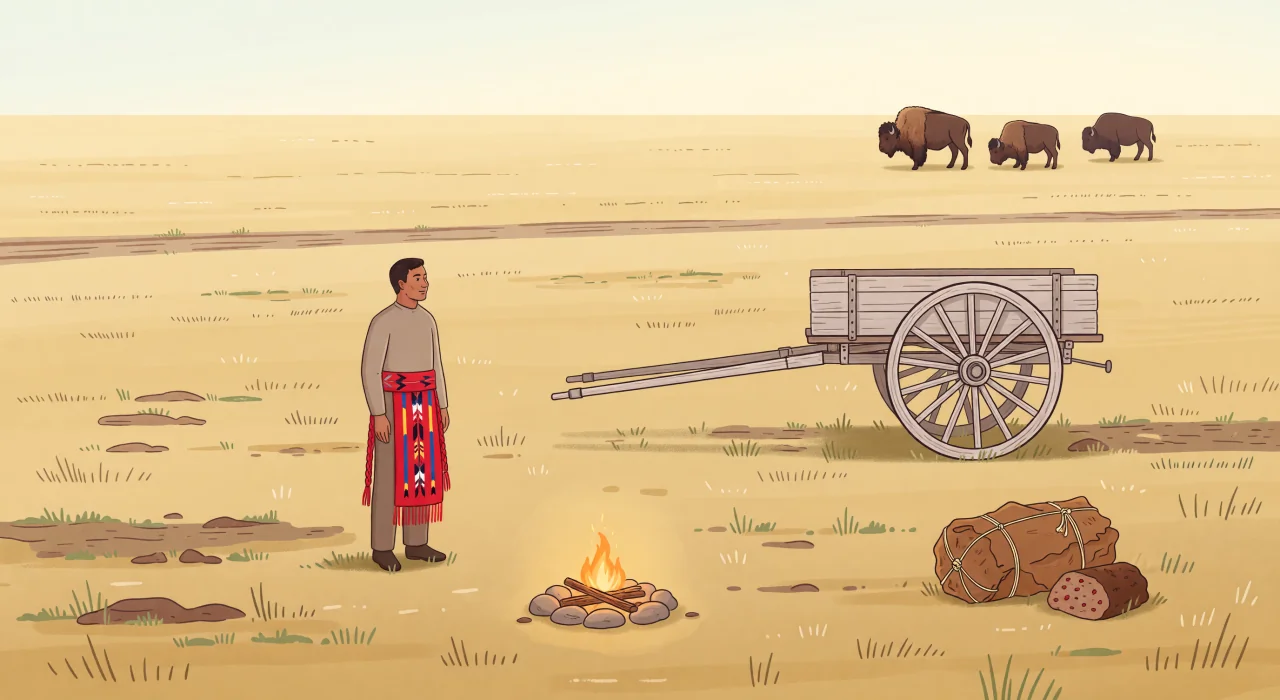 A peaceful Métis family camp on the prairie: a man in a long woven sash stands near a small fire, a Red River cart sits beside him with a bundle of pemmican on the grass, and bison graze in the distance.