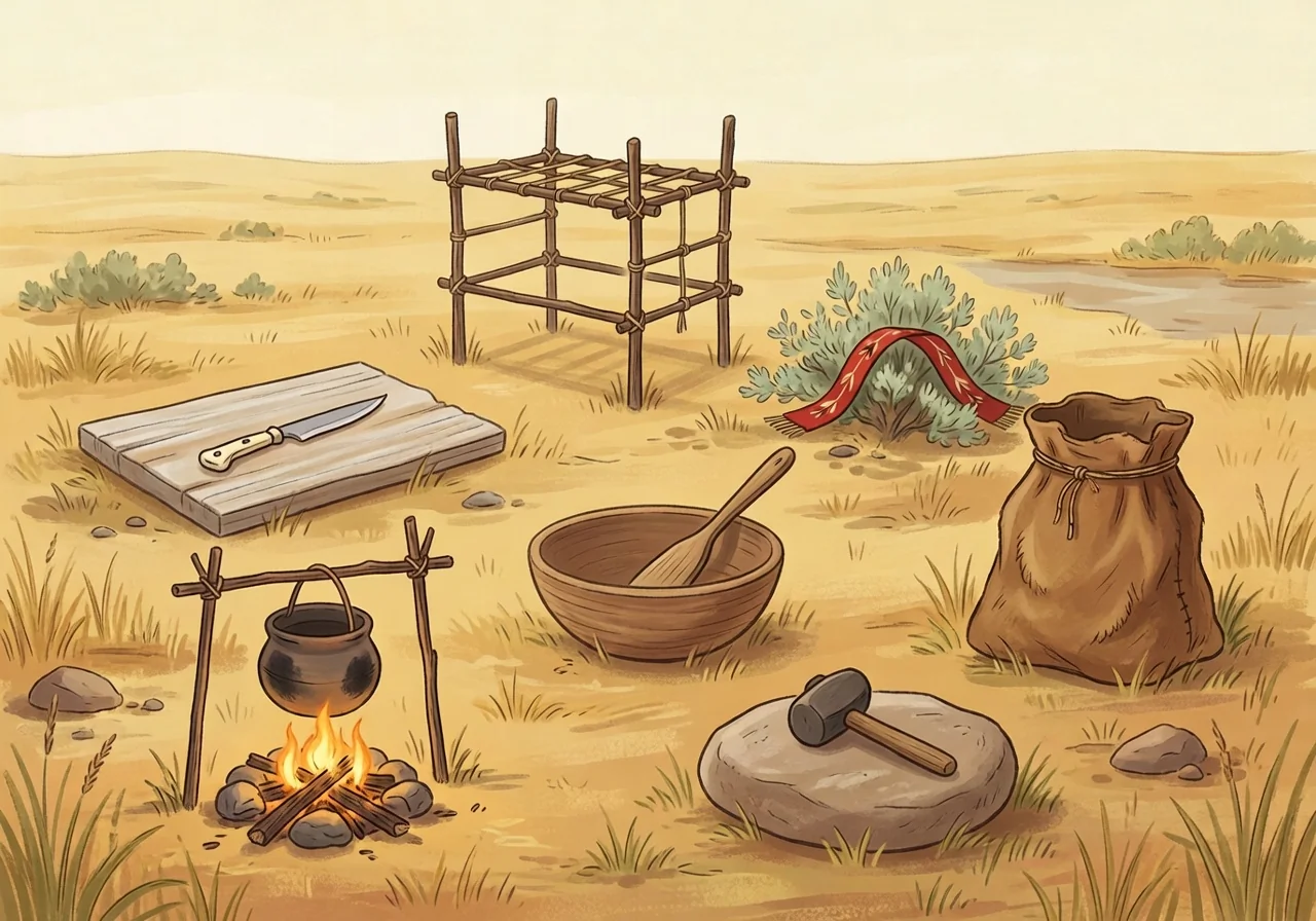 A Métis camp with six tools for making pemmican: cutting board, drying rack, pounding stone, fire and pot, mixing bowl, and rawhide bag.